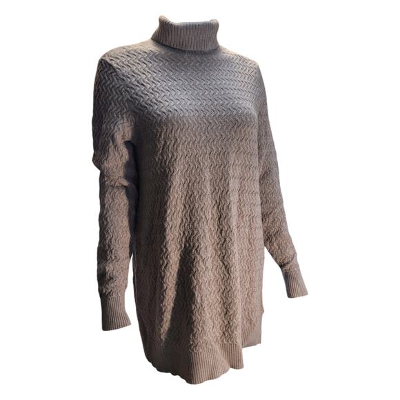 Lands' End Tan Cable Knit Turtleneck Sweater Women's Large Cozycore Longline - Picture 1 of 9